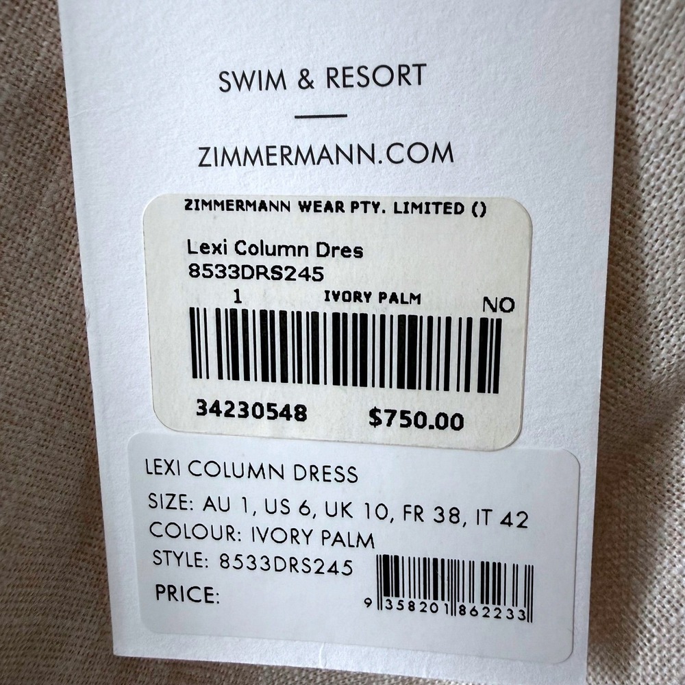 ✨EURO SUMMER ICON✨ Zimmermann Lexi Ivory Palm Linen Column Dress NWT SZ 1 US 6 - Picture 6 of 9